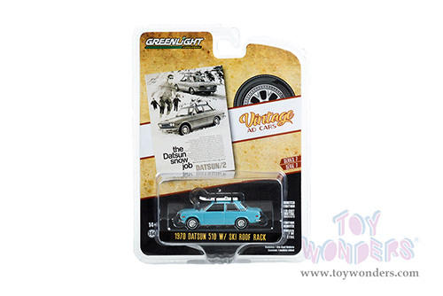 Greenlight - Vintage Ad Cars Series 7 | Datsun 510 with Ski Roof Rack "The Datsun Snow Job” (1970, 1/64 scale diecast model car, Blue) 39100C/48