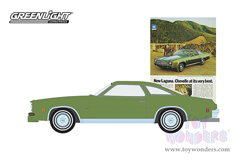 Greenlight - Vintage Ad Cars Series 7 | Chevrolet&reg; Chevelle Laguna Colonnade Hardtop Coupe "New Laguna. Chevelle At Its Very Best” (1973, 1/64 scale diecast model car, Green) 39100E/48