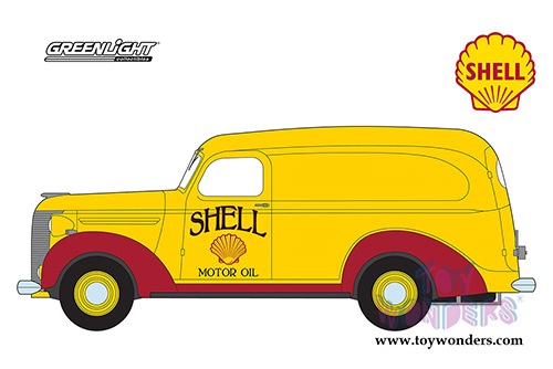 Greenlight - Running on Empty Series 4 | Chevrolet Panel Truck Shell Oil (1939, 1/64 scale diecast model car, Yellow/Red) 41040A/48