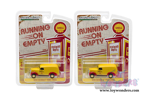 Greenlight - Running on Empty Series 4 | Chevrolet Panel Truck Shell Oil (1939, 1/64 scale diecast model car, Yellow/Red) 41040A/48
