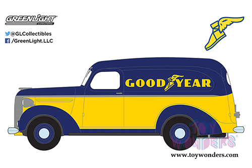 Greenlight - Running on Empty Series 4 | Chevrolet Panel Truck Goodyear Tires (1939, 1/64 scale diecast model car, Yellow/Blue) 41040B/48