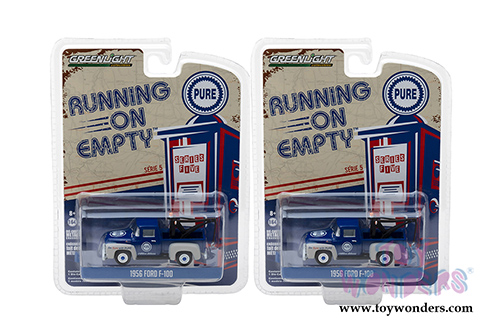 Greenlight - Running on Empty Series 5 | Ford F-100 with Drop-in Tow Hook Pure Oil "Be Sure with Pure" (1956, 1/64 scale diecast model car, Blue/White) 41050A/48