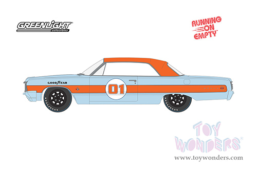 Greenlight - Running on Empty Series 15 | Chevrolet&reg; Impala SS #01 and Stripes "Gulf Oil" (1964, 1/64 scale diecast model car, Light Blue with Orange Top) 41150A/48