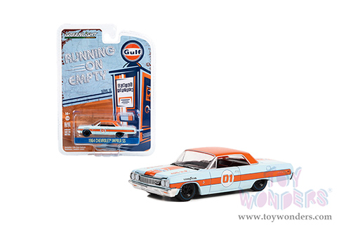Greenlight - Running on Empty Series 15 | Chevrolet&reg; Impala SS #01 and Stripes "Gulf Oil" (1964, 1/64 scale diecast model car, Light Blue with Orange Top) 41150A/48
