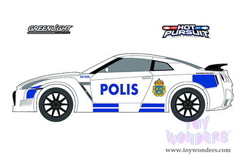 Greenlight - Hot Pursuit Series 40 | Nissan GT-R (R35) "Polis" Stockholm Police (Sweden) (2014, 1/64 scale diecast model car, White with Blue Stripes) 42980D/48