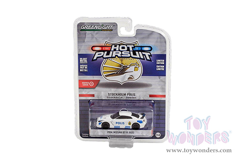 Greenlight - Hot Pursuit Series 40 | Nissan GT-R (R35) "Polis" Stockholm Police (Sweden) (2014, 1/64 scale diecast model car, White with Blue Stripes) 42980D/48