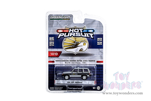 Greenlight - Hot Pursuit Series 43 | Jeep&reg; Cherokee "North Carolina Highway Patrol State Trooper" (1995, 1/64 scale diecast model car, Black and Silver Metallic) 43010D/48