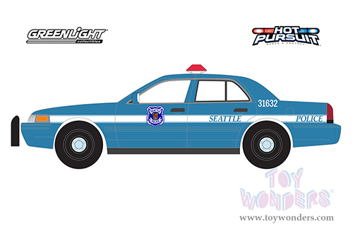 Greenlight - Hot Pursuit Series 44 | Ford Crown Victoria Police Interceptor "Seattle Police, Seattle Washington" (2001, 1/64 scale diecast model car, Light Blue/White stripe) 43020D/48