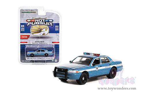 Greenlight - Hot Pursuit Series 44 | Ford Crown Victoria Police Interceptor "Seattle Police, Seattle Washington" (2001, 1/64 scale diecast model car, Light Blue/White stripe) 43020D/48