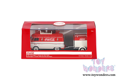 Motor City Coca-Cola - Volkswagen T1 Kombi Van with Trailer (1960, 1/43 scale diecast model car, Red) 443060 MAP: $29.99