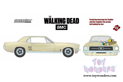 Greenlight Hollywood -  The Walking Dead Ford Mustang Coupe "Sophia Message Car" with Accessories (1967, 1/64 scale diecast model car, Cream) 44750E/48
