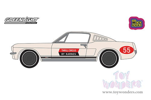 Greenlight - Hollywood Series 36 | Ford Mustang Fastback #55 "Thrill Circus By Karnes" "The Mod Squad" (1968-1973) TV Series (1967, 1/64 scale diecast model car, White) 44960A/48