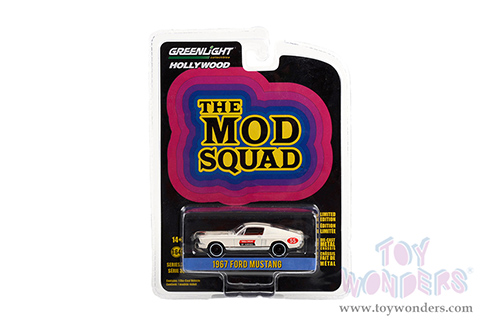 Greenlight - Hollywood Series 36 | Ford Mustang Fastback #55 "Thrill Circus By Karnes" "The Mod Squad" (1968-1973) TV Series (1967, 1/64 scale diecast model car, White) 44960A/48
