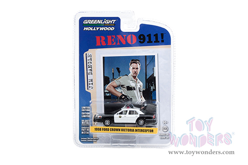 Greenlight - Hollywood Series 38 | Ford Crown Victoria Police Interceptor Reno Sheriff's Department "Lieutenant Jim Dangle" "Reno 911!" (2003-2009) TV Series (1998, 1/64 scale diecast model car, Black and White) 44980B/48