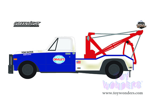 Greenlight - Dually Drivers Series 9 | Chevrolet&reg; C-30 Dually Wrecker Tow Truck (Weathered) "Orville's Day & Nite Service" (1969, 1/64 scale diecast model car, White/Blue) 46090B/48