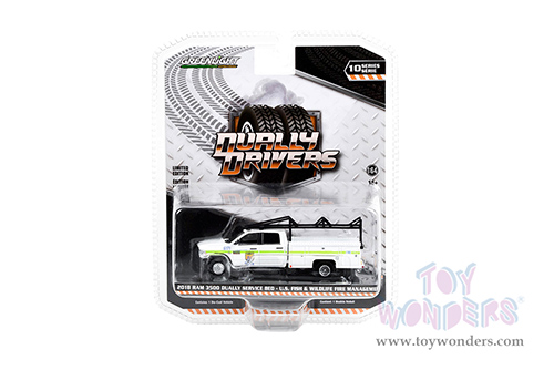 Greenlight - Dually Drivers Series 10 | Ram 3500 Dually Service Bed Truck - U.S. Fish & Wildlife Fire Management (2018, 1/64 scale diecast model car, White with Green Stripes) 46100E/48