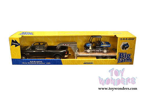Tomy ERTL Big Farm - New Holland Ram 3500 Pickup Truck with Gooseneck Trailer and Rustler 125 UTV  (1/16 scale sturdy plastic model car, Black and Blue) 46457