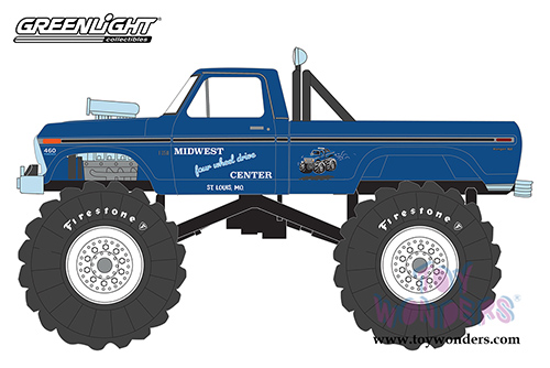 Greenlight - Kings of Crunch Series 3 | Ford F-250 Monster Truck - Midwest Four Wheel Drive Center (1974, 1/64 scale diecast model car, Blue) 49030A/48