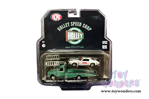 Greenlight/ACME - Holley Speed Shop | 1967 Chevrolet&reg; Ramp Truck with 1971 Chevrolet&reg; Camaro&reg; Z/28 (1/64 scale diecast model car, Turquoise/White) 51247