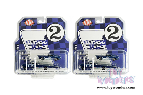 Greenlight/ACME - Dan Gurney's | Ford F-350 #2 Ramp Truck with 1969 Ford Mustang Boss 302 Trans Am #2 (1/64 scale diecast model car, Blue) 51268