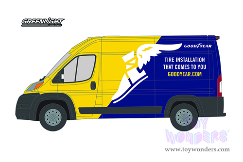 Greenlight - Route Runners Series 3 | Ram ProMaster 2500 Cargo High Roof Van "Goodyear" 'Tire Installation That Comes To You' (2019, 1/64 scale diecast model car, Yellow/Blue) 53030E/48