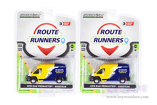 Greenlight - Route Runners Series 3 | Ram ProMaster 2500 Cargo High Roof Van "Goodyear" 'Tire Installation That Comes To You' (2019, 1/64 scale diecast model car, Yellow/Blue) 53030E/48