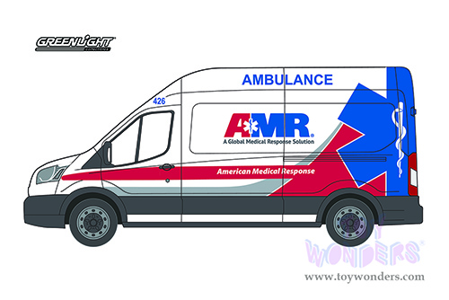 Greenlight - Route Runners Series 3 | Ford Transit LWB High Roof Van Ford Transit LWB High Roof Van Ambulance "AMR" (American Medical Response) (2019, 1/64 scale diecast model car, White) 53030F/48