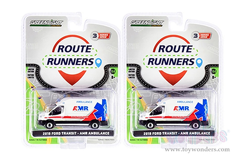 Greenlight - Route Runners Series 3 | Ford Transit LWB High Roof Van Ford Transit LWB High Roof Van Ambulance "AMR" (American Medical Response) (2019, 1/64 scale diecast model car, White) 53030F/48
