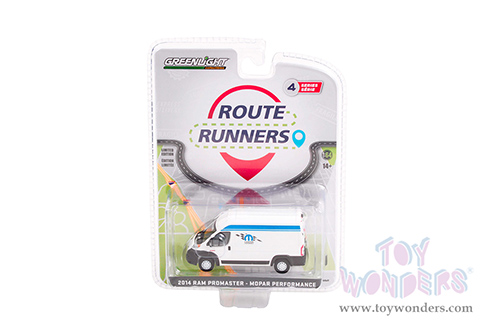 Greenlight - Route Runners Series 4 | Dodge Ram ProMaster Van "Mopar Performance" (2014, 1/64 scale diecast model car, White/Blue stripes) 53040A/48