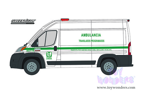 Greenlight - Route Runners Series 4 | Dodge Ram ProMaster Van "Instituto Mexicano Del Seguro Social Ambulancia" Ensenada (Mexico) (2018, 1/64 scale diecast model car, White/Green stripes) 53040C/48
