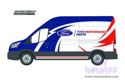 Greenlight - Route Runners Series 4 | Ford Transit LWB High Roof Van "Ford Performance Parts" (2019, 1/64 scale diecast model car, White/Blue) 53040D/48