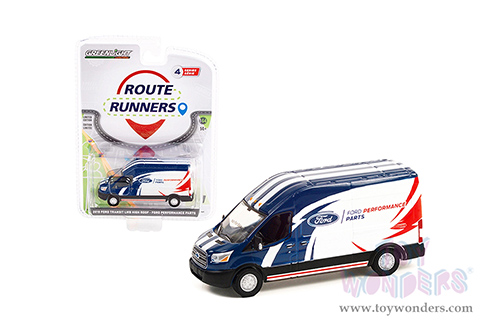 Greenlight - Route Runners Series 4 | Ford Transit LWB High Roof Van "Ford Performance Parts" (2019, 1/64 scale diecast model car, White/Blue) 53040D/48