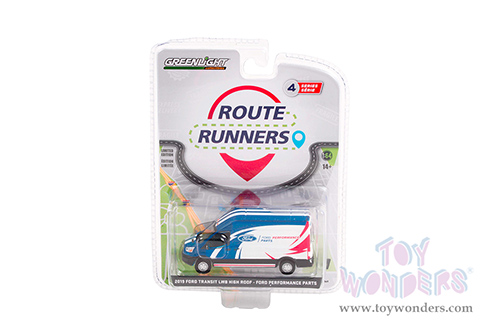 Greenlight - Route Runners Series 4 | Ford Transit LWB High Roof Van "Ford Performance Parts" (2019, 1/64 scale diecast model car, White/Blue) 53040D/48