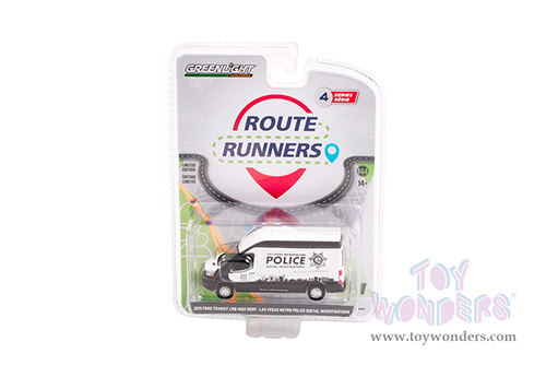 Greenlight - Route Runners Series 4 | Ford Transit LWB High Roof Van with Graphics "Las Vegas Metropolitan Police Digital Investigations" (Nevada) (2019, 1/64 scale diecast model car, White/Black) 53040E/48