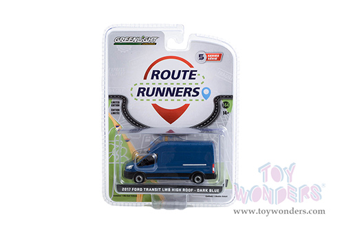 Greenlight - Route Runners Series 5 | Ford Transit LWB High Roof Van (2017, 1/64 scale diecast model car, Dark Blue) 53050A/48