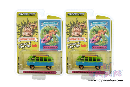 Greenlight - Garbage Pail Kids&reg; Series 3 | Volkswagen Samba Bus with Surfboards "Surf's Up Chuck" (1964, 1/64 scale diecast model car, Green/Blue) 54050B/48