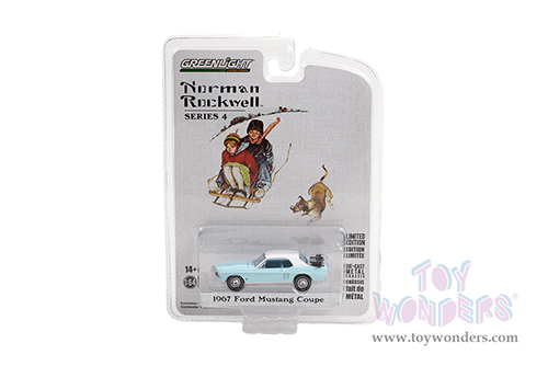 Greenlight - Norman Rockwell™ Series 4 | Ford Mustang Coupe with Trunk Ski Rack and Skis (1967, 1/64 scale die cast model car, Light Blue/White Top) 54060D/48