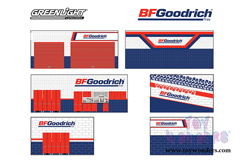 Greenlight Diorama - Mechanic's Corner | Weekend Workshop BFGoodrich Tires (1/64 scale diecast/plastic model, Orange/Blue) 57043