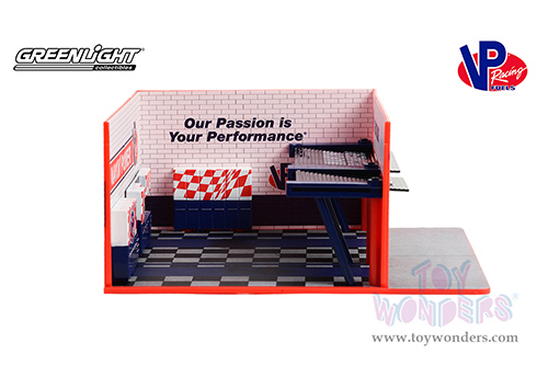 Greenlight Diorama - Mechanic's Corner Series 10 | Weekend Workshop VP Racing Fuels Garage (1/64 scale diecast/plastic model, Orange) 57103