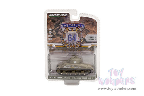 Greenlight - Battalion 64 Series 1 | M4 Sherman Tank "First in Bastogne" U.S. Army World War II (1941, 1/64 scale diecast model car, Green) 61010A/48