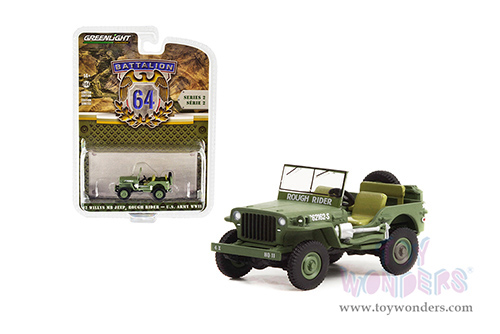 Greenlight - Battalion 64 Series 2 | Theodore Roosevelt’s 1942 Willys MB Jeep&reg; #20362162-S Green "U.S. Army World War II - Rough Rider" (1942, 1/64 scale diecast model car, Green) 61020A/48