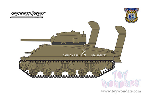 Greenlight - Battalion 64 Series 2 | M4 Sherman Tank with Deep Wading Gear - U.S. Army World War II - Cannon Ball - Utah Beach, Normandy (1944, 1/64 scale diecast model car, Green) 61020B/48