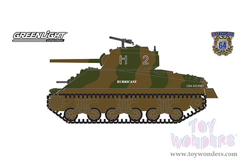 Greenlight - Battalion 64 Series 3 | M4 Sherman Tank "Hurricane” "U.S. Army World War II 66th Armor Regiment, 2nd U.S. Armored Division, Normandy" (1944, 1/64 scale diecast model car, Green Camouflage) 61030B/48