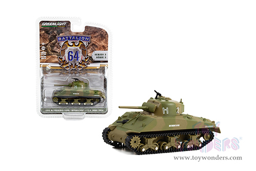 Greenlight - Battalion 64 Series 3 | M4 Sherman Tank "Hurricane” "U.S. Army World War II 66th Armor Regiment, 2nd U.S. Armored Division, Normandy" (1944, 1/64 scale diecast model car, Green Camouflage) 61030B/48