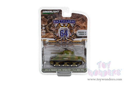 Greenlight - Battalion 64 Series 3 | M4 Sherman Tank "Hurricane” "U.S. Army World War II 66th Armor Regiment, 2nd U.S. Armored Division, Normandy" (1944, 1/64 scale diecast model car, Green Camouflage) 61030B/48
