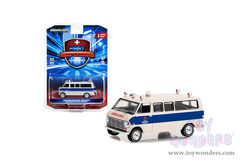 Greenlight - First Responders Series 1 | Ford Econoline Ambulance "Ontario Hospital Services Commission, Ontario, Canada" (1969, 1/64 scale diecast model car, Beige with Blue Stripes) 67040A/48