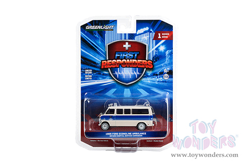Greenlight - First Responders Series 1 | Ford Econoline Ambulance "Ontario Hospital Services Commission, Ontario, Canada" (1969, 1/64 scale diecast model car, Beige with Blue Stripes) 67040A/48