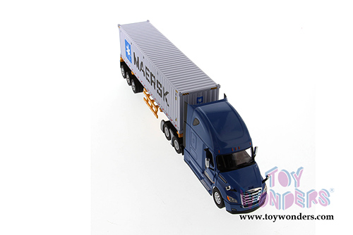 Diecast Masters - Freightliner New Cascadia SBFA Sleeper Cab Truck Tractor with 40' Skeletal Trailer and MAERSK Dry good Sea Container  (1/50 scale diecast model car, Blue/Yellow/Silver) 71048
