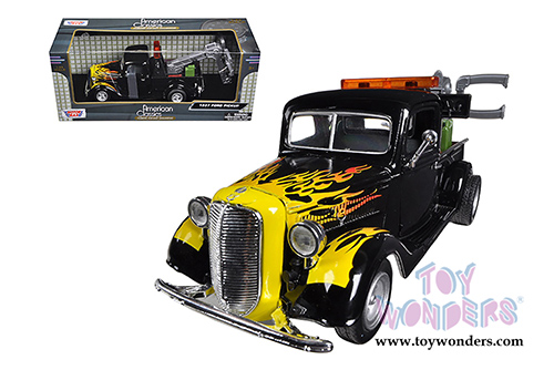 Motormax Premium American - Ford Pickup Tow Truck (1937, 1/24 scale diecast model car, Black w/Flames) 75341AC