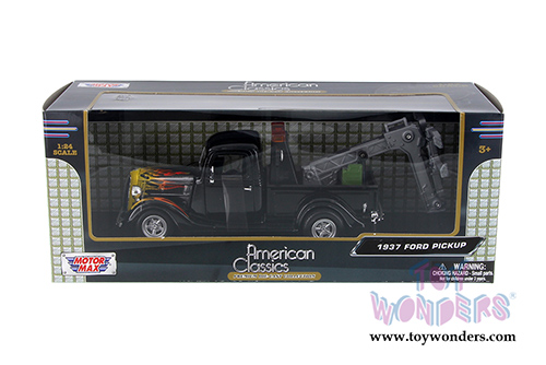 Motormax Premium American - Ford Pickup Tow Truck (1937, 1/24 scale diecast model car, Black w/Flames) 75341AC